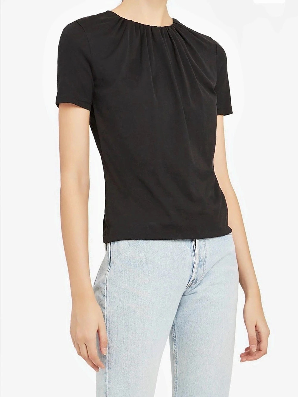 Theory Women's Small Black Short Sleeve Top Pima Cotton Gather Apex Tee Shirt S